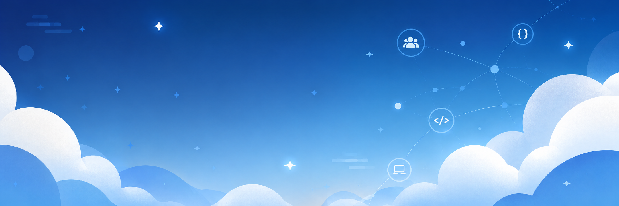 DevMingler blue banner with code brackets, clouds, stars, and connected developer icons.